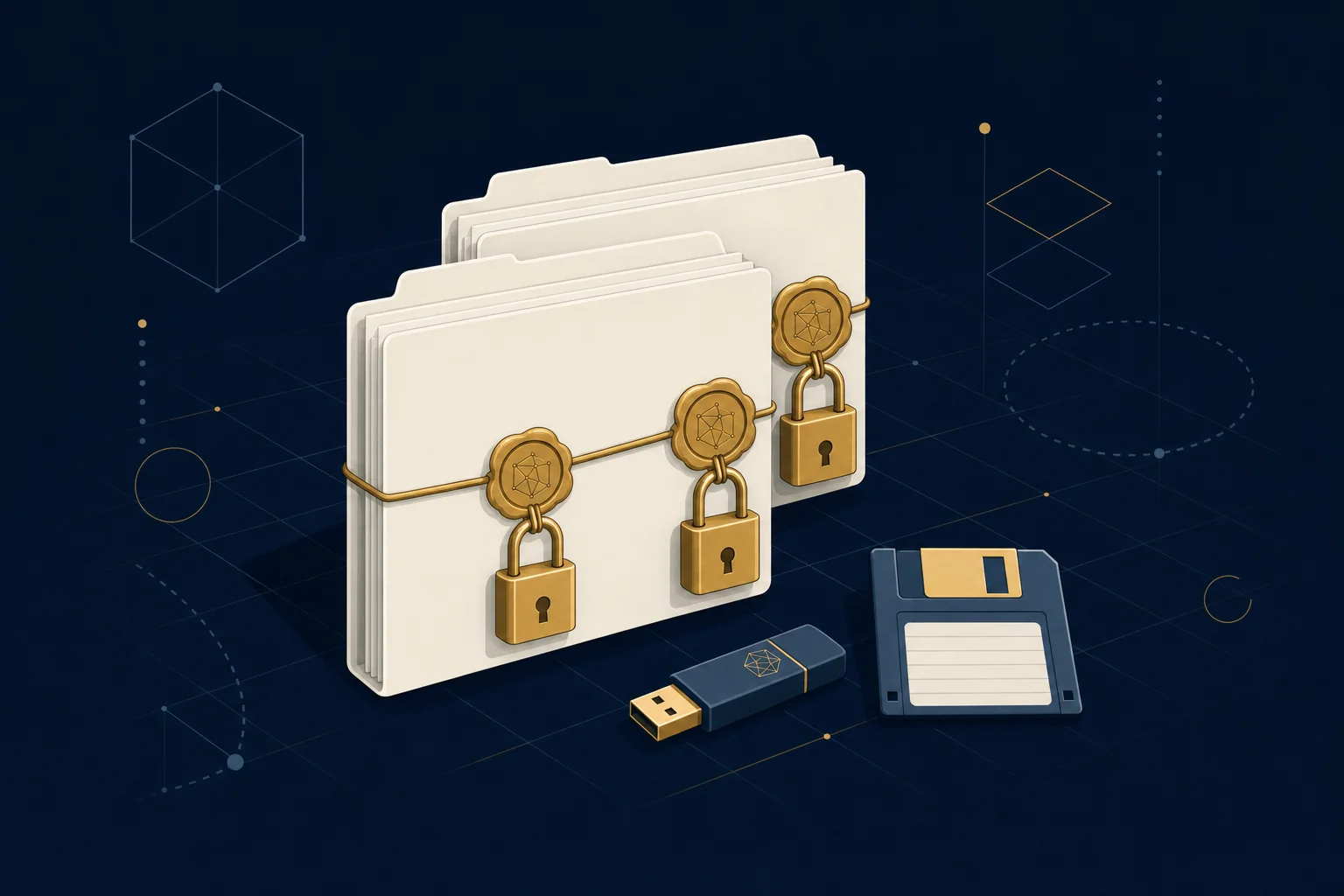 Illustration of sealed, encrypted wallet files and storage media