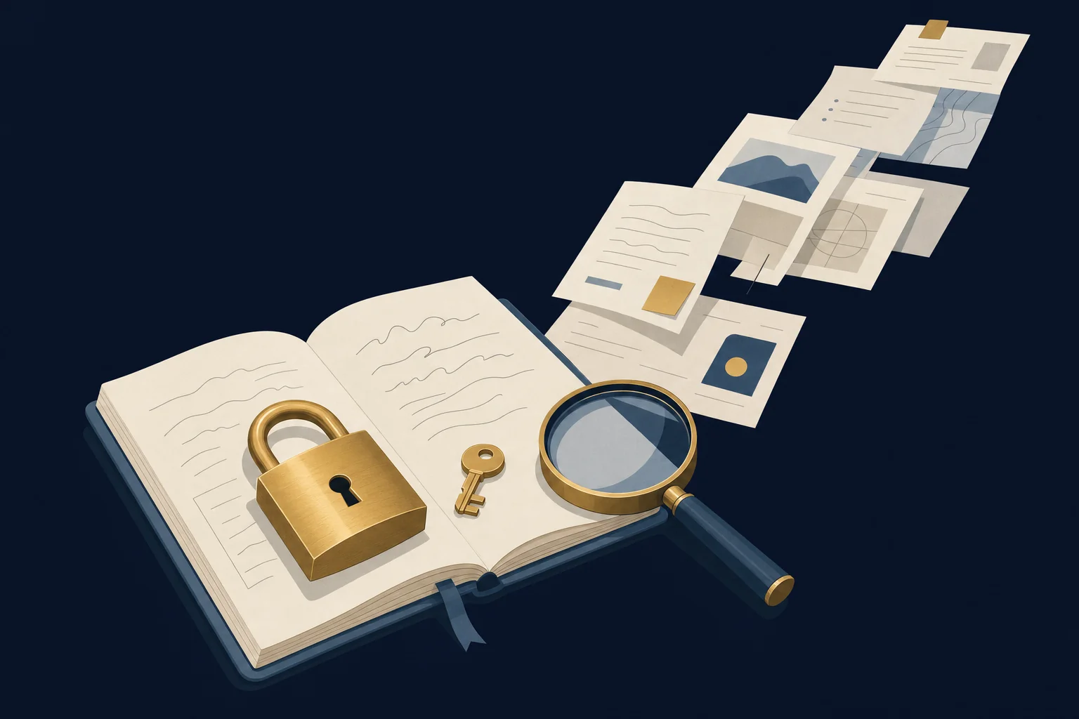 Illustration of searching through notes and memories for a forgotten wallet password