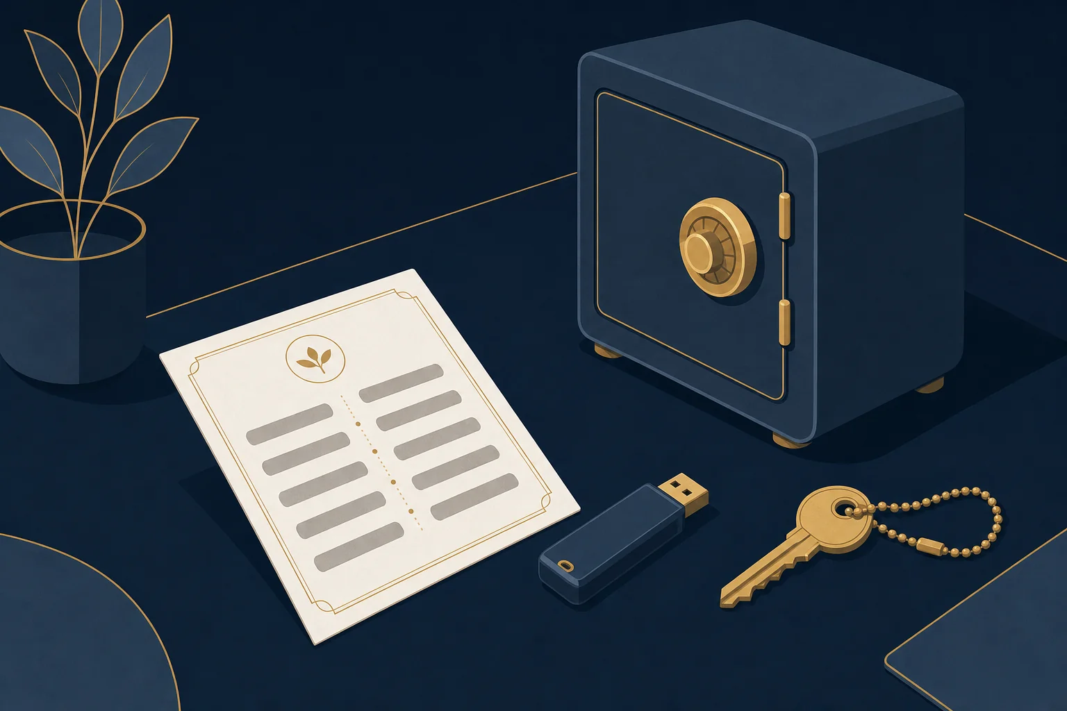 Illustration of backups, a paper seed card and a fireproof safe