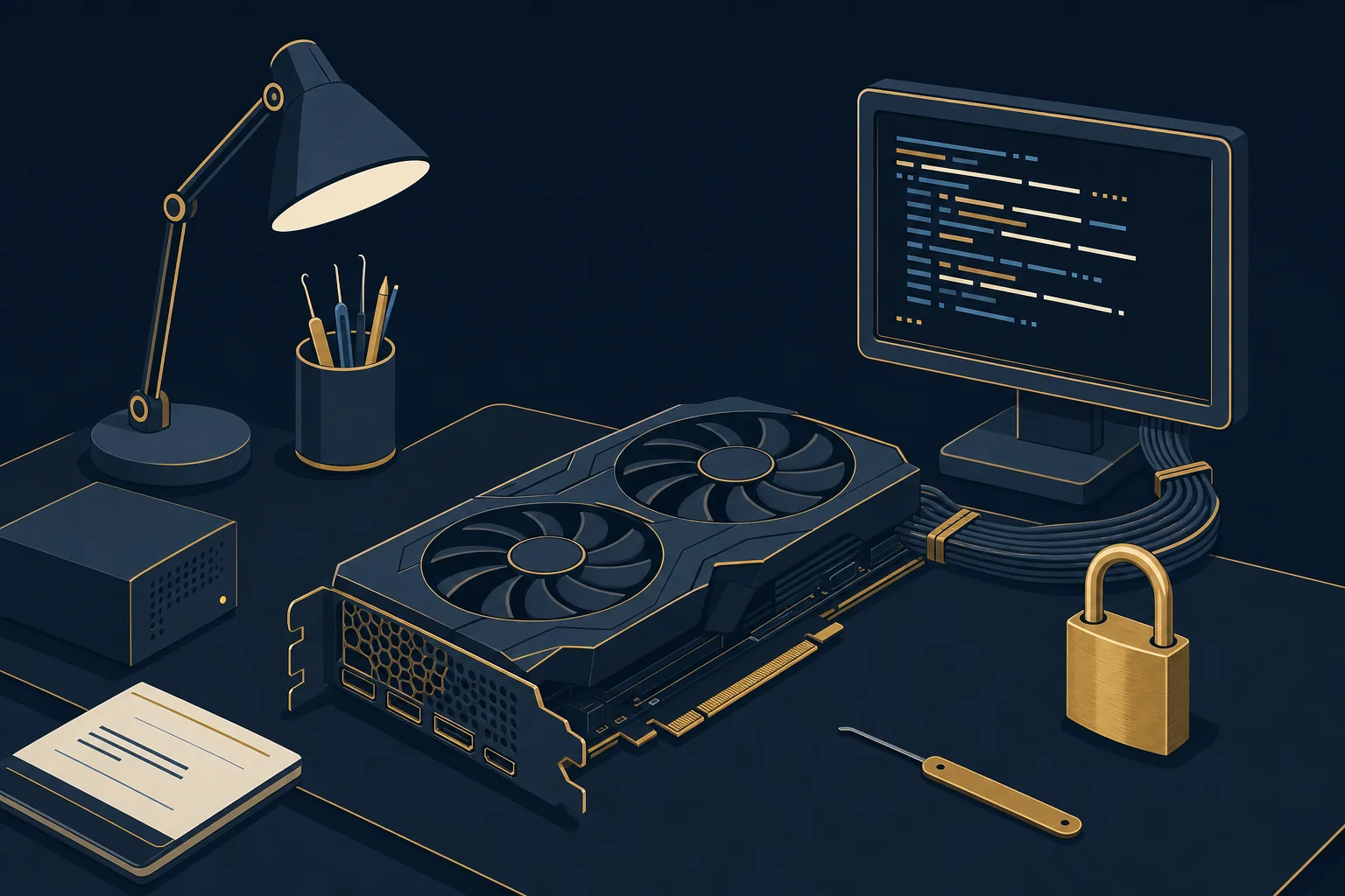 Illustration of an offline password-cracking workstation with a GPU and terminal